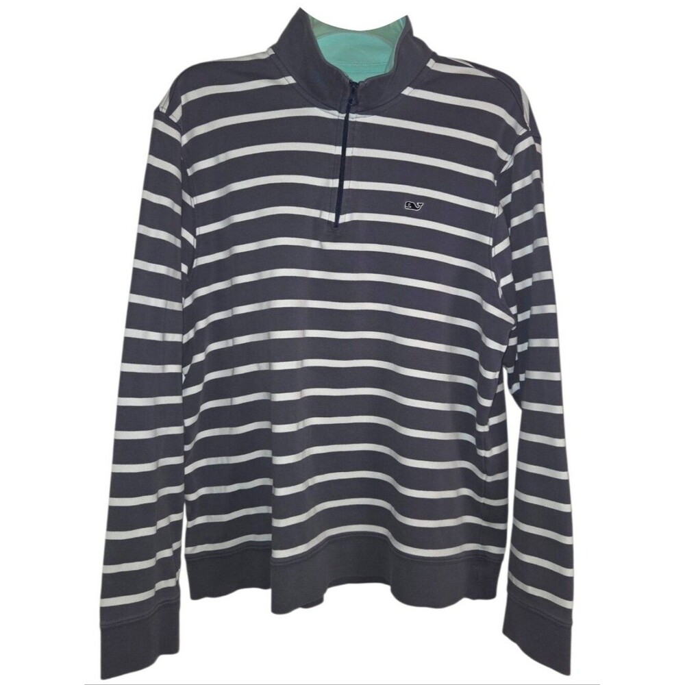 Vineyard Vines Gray Striped Quarter Zip Cotton Pullover Sweatshirt